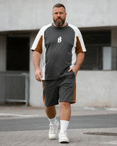 Big & Tall Men's Dark Gray Patchwork B Letter Printed Round Neck Short Sleeve T-Shirt Shorts Suit